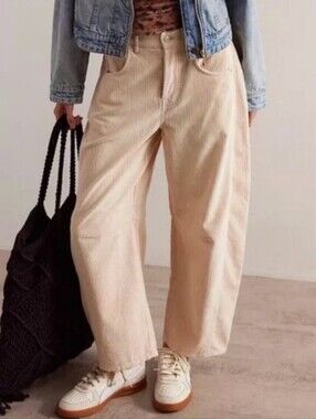 Free People Good Luck Wide Wale Corduroy Barrel Jeans Beige - Size 24